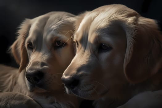 These adorable golden retriever puppies are snuggled up together and enjoying each other's company.
