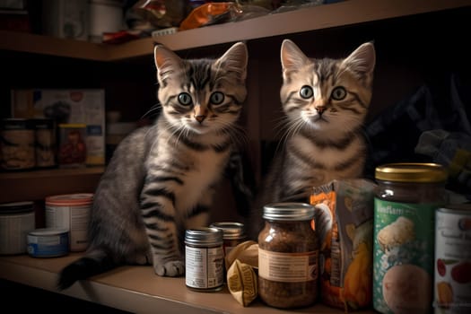 The kittens are causing chaos as they playfully knock over jars and cans in search of treats.
