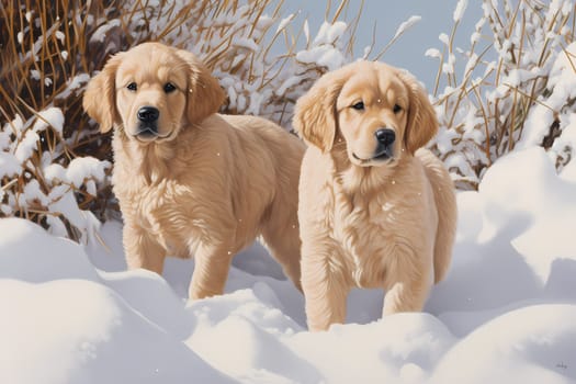 Two fluffy golden retrievers playing with each other in the snow on a cold winter day.