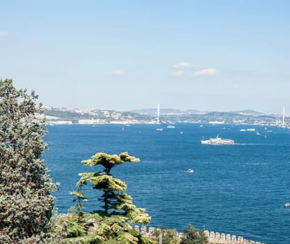 Panoramic view of the Bosphorus. The strait that connects the Black Sea to the Sea of Marmara and marks the boundary between the Europe and the Asia