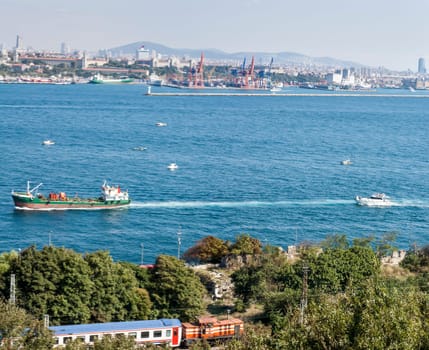 Panoramic view of the Bosphorus. The strait that connects the Black Sea to the Sea of Marmara and marks the boundary between the Europe and the Asia