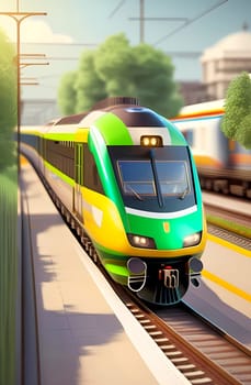 Modern green high speed train arriving at platform in railway station. Generative Ai.