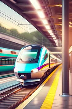 Modern high speed train arriving at platform in railway station. Generative Ai.