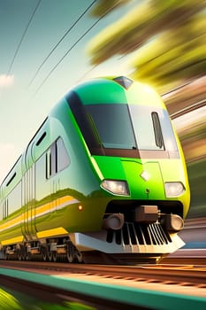 Modern green high speed train moving fast speed, motion blur. Bottom view of passing modern high speed train. Generative Ai.