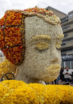 Noordwijk, Netherlands - April 22, 2023: Spectacular flower covered floats in the Bloemencorso Bollenstreek the annual spring flower parade from Noordwijk to Haarlem in the Netherlands.