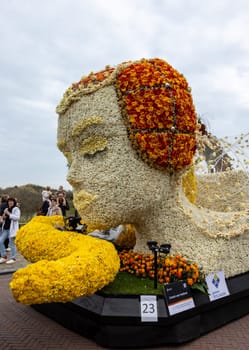 Noordwijk, Netherlands - April 22, 2023: Spectacular flower covered floats in the Bloemencorso Bollenstreek the annual spring flower parade from Noordwijk to Haarlem in the Netherlands.