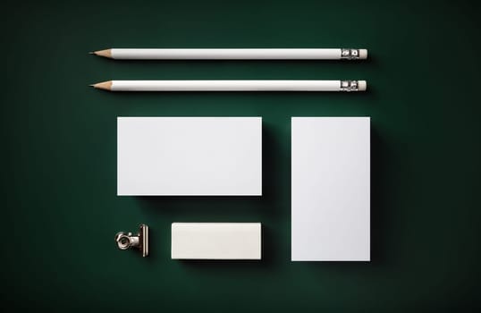 Corporate identity mockup. Blank stationery set on green background. Responsive design template. Flat lay.