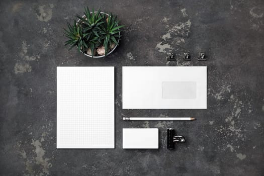 Photo of blank stationery set. Blank stationery template for branding identity. Flat lay.