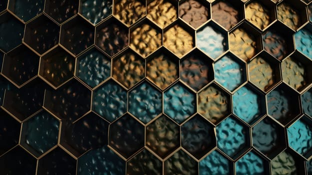 This mesmerizing photo showcases a honeycomb pattern with metallic colors that seem to pop out in ultra-high definition 8K. Each hexagon-shaped cell is precisely crafted and arranged to create a unique geometric design that catches the eye. The metallic shades of gold, silver, and copper add a touch of luxury and sophistication to this intricate pattern.+