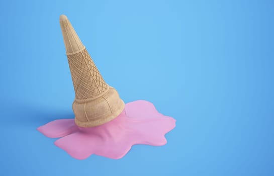 Dropped ice cream. Pink melted ice cream on blue surface. 3D illustration.