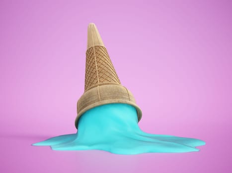 Dropped ice cream. Pink melted ice cream on blue surface. 3D illustration.