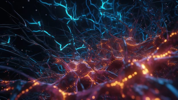This photo depicts a vast network of billions of small neurons, with a few synapses firing, illuminated by a neon glow and cinematic lighting. The volumetric lighting enhances the photo-realistic, ultra-realistic, and ultra-wide presentation of the maximum detail in this image.
