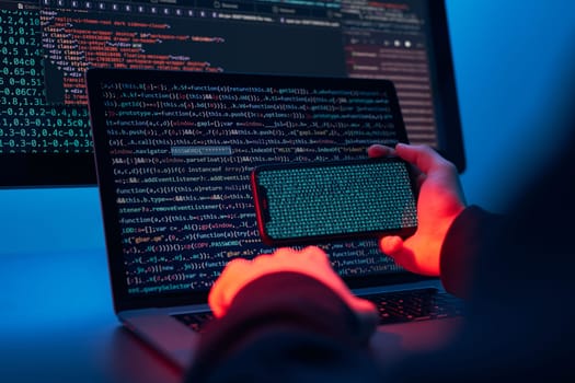Man using computer and programming  to break code. Cyber security threat. Internet and network security. Stealing private information. Person using technology to steal password and private data. Cyber attack crime