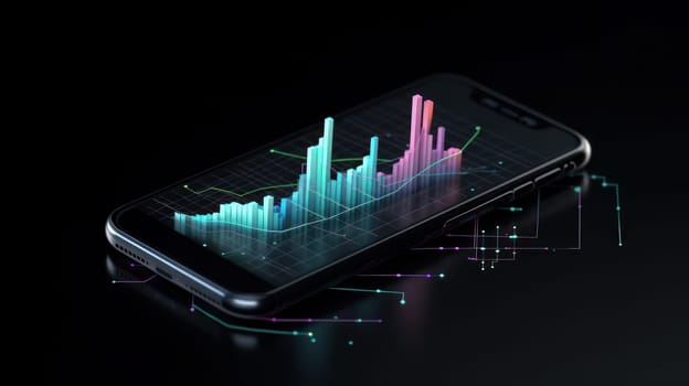 This photo depicts the power of mobile analytics, as a colorful 3D business graph and analytics data are displayed on an isometric mobile phone screen. The concept of analyzing trends and the software development coding process is highlighted, emphasizing the importance of programming and testing cross-platform code for mobile applications to enable companies to gain valuable insights into their businesses.
