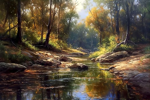 Forest landscape and stream, Generative AI