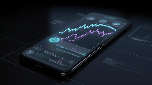 This photo features an isometric mobile phone displaying a 3D business graph and analytics data, highlighting the importance of mobile analytics in analyzing trends and the software development coding process. The photo also emphasizes the need for programming and testing cross-platform code to gain valuable insights into businesses.