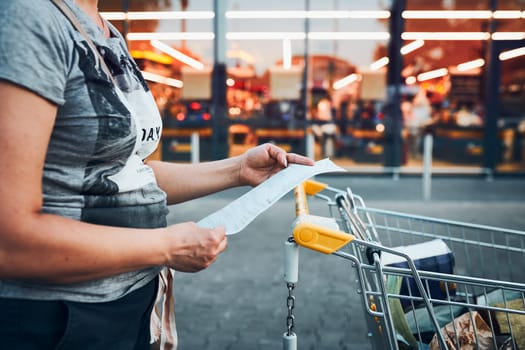 Woman looking at higher prices on receipt after shopping in grocery store. Female standing at front of market witth shopping cart and carefully examining receipt. Increasing prices caused by inflation. Higher bills. Economic crisis