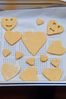 Cookies cut in dough on baking tray. Taking part in baking workshop. Baking classes for children, aspiring little chefs. Learning to cook. Combining and stirring prepared ingredients. Real people, authentic situations