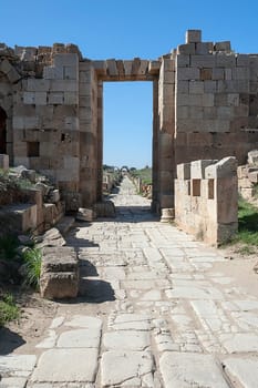 Archaeological site of Leptis Magna, Libya - 10/30/2006: The Byzantine Gate in the ancient Roman city of Leptis Magna.