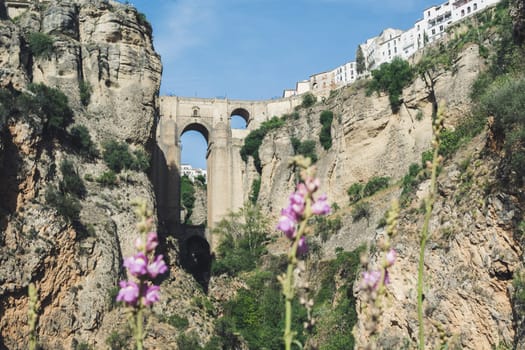 Famous view on the Puente Nuevo crossing the El Tajo Canyon in Ronda, cozy historical city in Andalusia, Spain