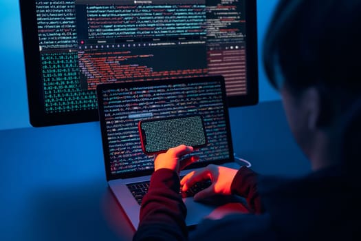 Man using computer and programming  to break code. Cyber security threat. Internet and network security. Stealing private information. Person using technology to steal password and private data. Cyber attack crime