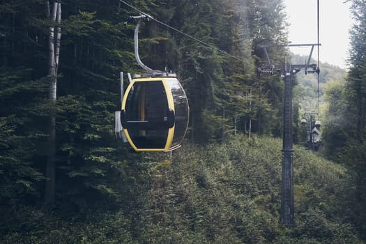 Cable car go to top of mountain among trees in forest on summer sunny day