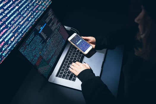 Cyber security threat. Young woman using computer and coding. Internet and network security. Stealing private information. Person using technology to steal password and private data. Cyber attack crime