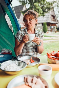 Family having breakfast outdoors on camping during summer vacation. Bread, cottage cheese, cold meat, tomatoes, fruits and coffee cups on table. Close up of outdoor table setting set on grass in the garden