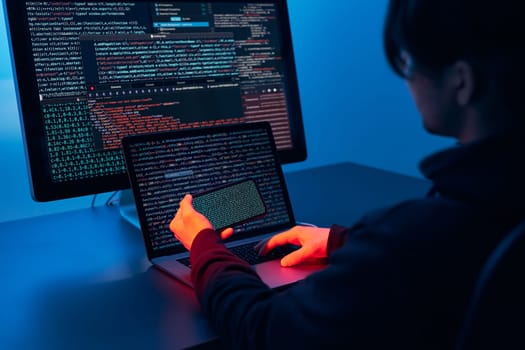 Man using computer and programming  to break code. Cyber security threat. Internet and network security. Stealing private information. Person using technology to steal password and private data. Cyber attack crime
