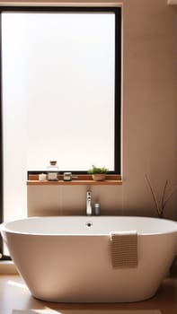 Scandinavian style bathroom interior in light colors. The bathtub is located near the window. High quality photo