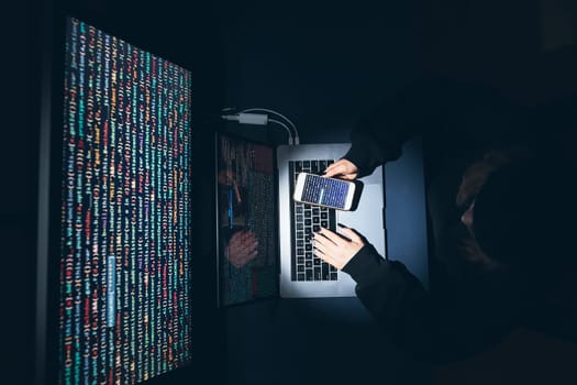 Cyber security threat. Young woman using computer and coding. Internet and network security. Stealing private information. Person using technology to steal password and private data. Cyber attack crime