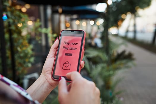 BNPL Buy now pay later online shopping service on smartphone. Online shopping. Paying after delivery. Complete the payment after purchase at no added cost. Payment after credit check. Easy way to shop online. Afterpay service
