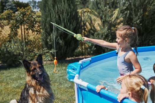 Children playing with dog using a fishing rod toy standing in a pool in a home garden. Kids having fun playing together on a summer sunny day