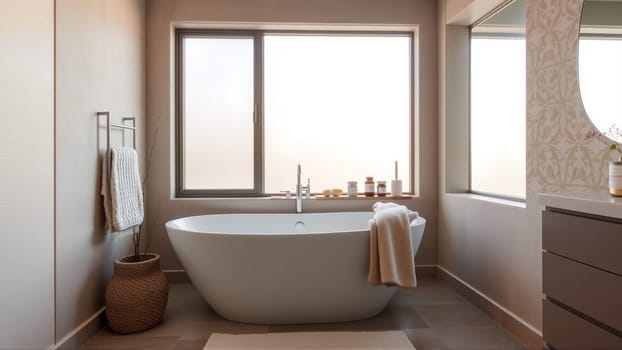 Scandinavian style bathroom interior in light colors. The bathtub is located near the window. High quality photo