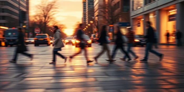 A lot of people walk along the pedestrian crossing during rush hour. High quality photo