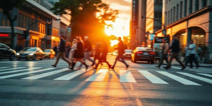A lot of people walk along the pedestrian crossing during rush hour. High quality photo