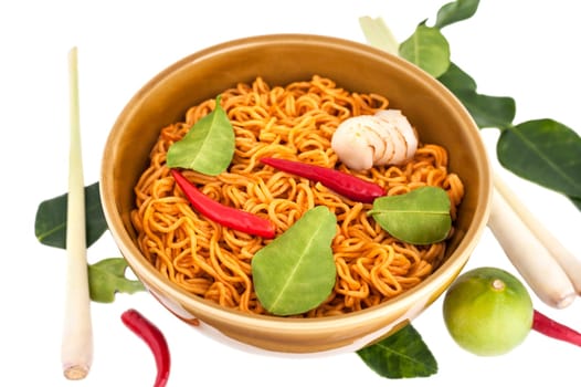 Hot spicy noodle with herb for healhty, isolated on white background