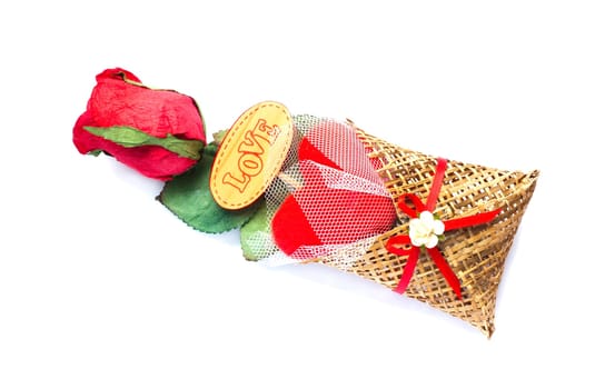 Gift box with red ribbon of love, Valentine, Isolated on white background