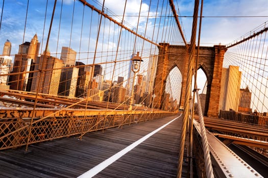 New York City, USA, early in the morning on the famous Brooklyn Bridge