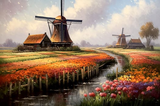An old rural landscape with tulip fields, a windmill, and a farmhouse. Beautiful scenery of the Netherlands. The rural landscape is filled with lush fields and plantations, colorful flowers like tulips, and old houses. The sky is always a stunning shade of blue with fluffy clouds drifting by. Trees provide shade and the canals are a peaceful source of water. Whether it's summer or spring, the outdoors is a perfect place to be surrounded by nature's beauty.  Illustration AI.