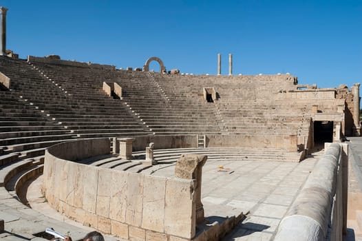 Archaeological site of Leptis Magna, Libya - 10/30/2006: The Ruins of the ancient theater in the ancient Roman city of Leptis Magna.