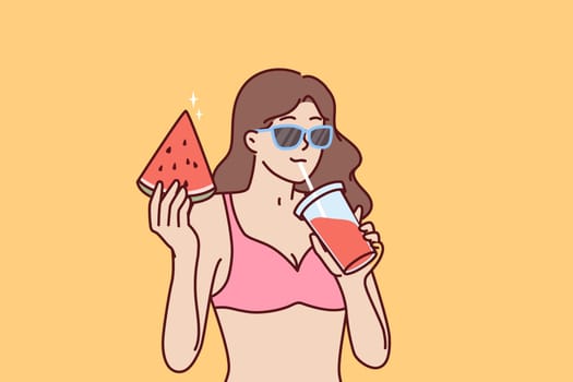 Woman in bikini drinks fruit smoothie and eats watermelon relaxing on beach or pool party. Woman in bikini and sunglasses enjoy vacation on tropical island traveling on summer vacation