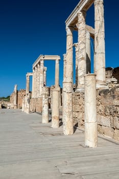 Archaeological site of Leptis Magna, Libya - 10/30/2006: The Ruins of the ancient theater in the ancient Roman city of Leptis Magna.