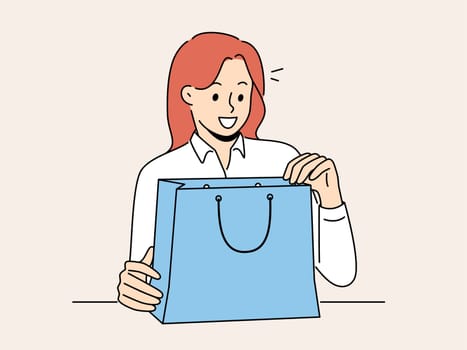 Smiling woman unpack bag with present or gift. Happy girl open shopping bag with order excited with delivery. Consumerism and shopaholic. Vector illustration.