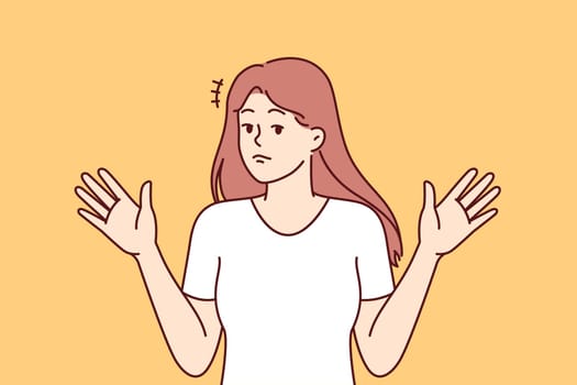 Woman throws up hands, denying involvement in problem or demonstrating ignorance of answers to question asked. Girl raises hands, denying presence of trouble and being in confusion or uncertainty