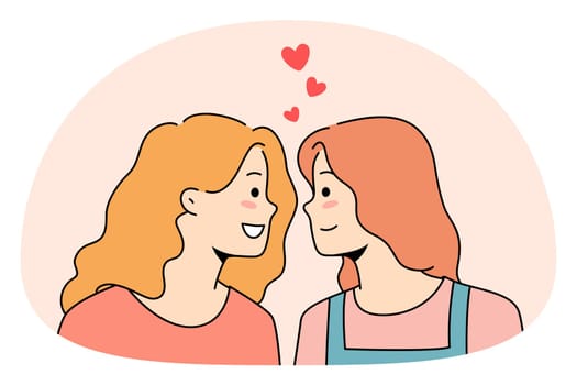 Happy girls look in eyes share love and emotions in romantic relationships. Smiling young lesbian women couple romance. LGBT and homosexual relations concept. Vector illustration.