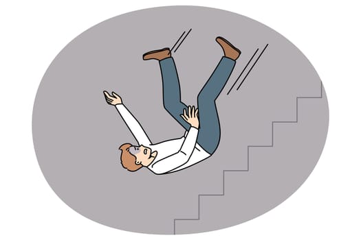 Unhappy man fall down stairs of career ladder suffer work crisis in life. Distressed businessman failure or business problem. Financial bankruptcy and loss. Flat vector illustration.