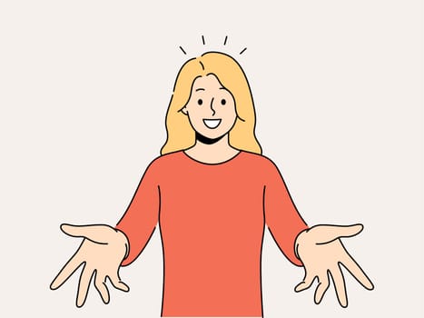Smiling woman with arms open feel positive and optimistic meeting someone. Happy girl stretch hands welcoming newcomer or newbie. Vector illustration.