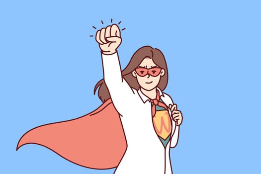 Super woman rips off shirt showing off superhero clothes and flying out to save business of those in trouble. Business woman superhero getting ready to save company for crisis management metaphor
