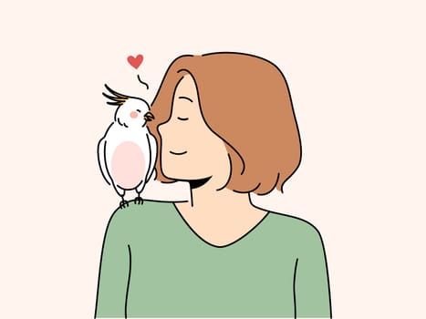 Happy woman with parrot sitting on shoulder. Smiling girl talk cuddle with exotic bird. Ornithology concept. Vector illustration.